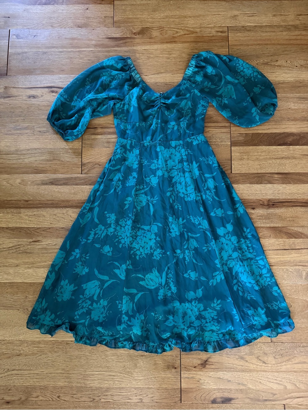 Rachel Zoe Teal Floral Dress Puffed Sleeves‎ Cottagecore Women’s Sz 4